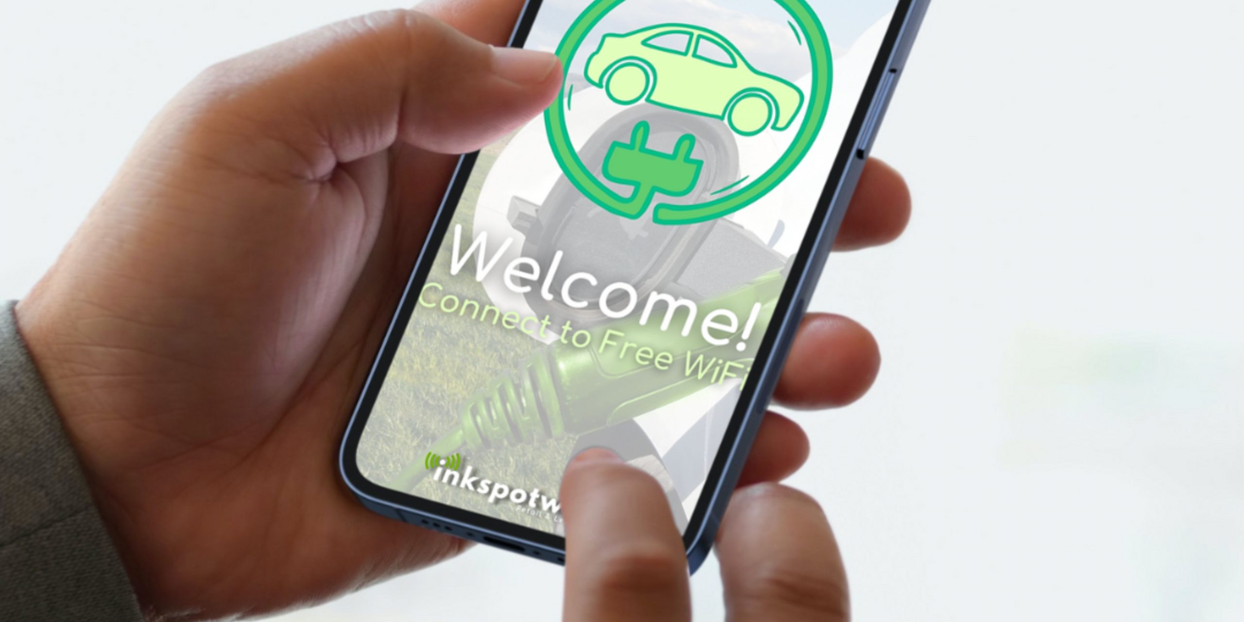 Mobile phone screen displaying welcome to free wifi, inkspotwifi